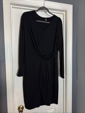 SHEIN Black Long Sleeve V-Neck Draped Waist Dress